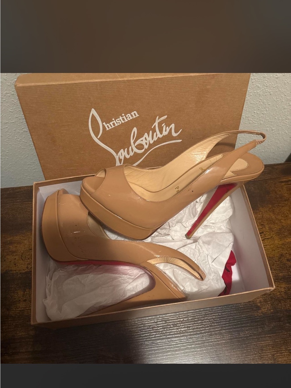 Christian Louboutin Nude Patent Leather Platform Slingback Heels